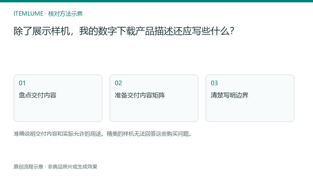 核对流程示意:除了展示样机,我的数字下载产品描述还应写些什么?