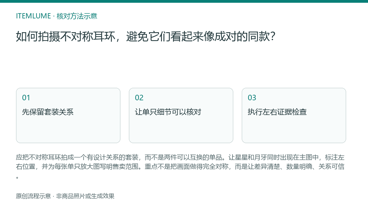 核对流程示意:如何拍摄不对称耳环,避免它们看起来像成对的同款?