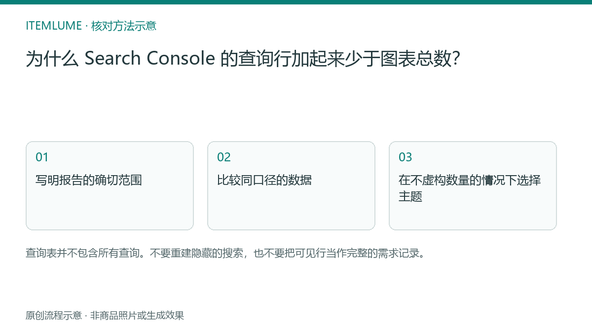 核对流程示意：为什么 Search Console 的查询行加起来少于图表总数？