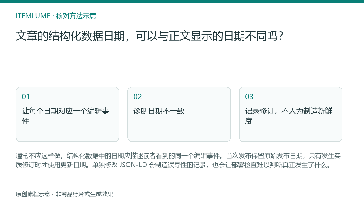 核对流程示意：文章的结构化数据日期，可以与正文显示的日期不同吗？