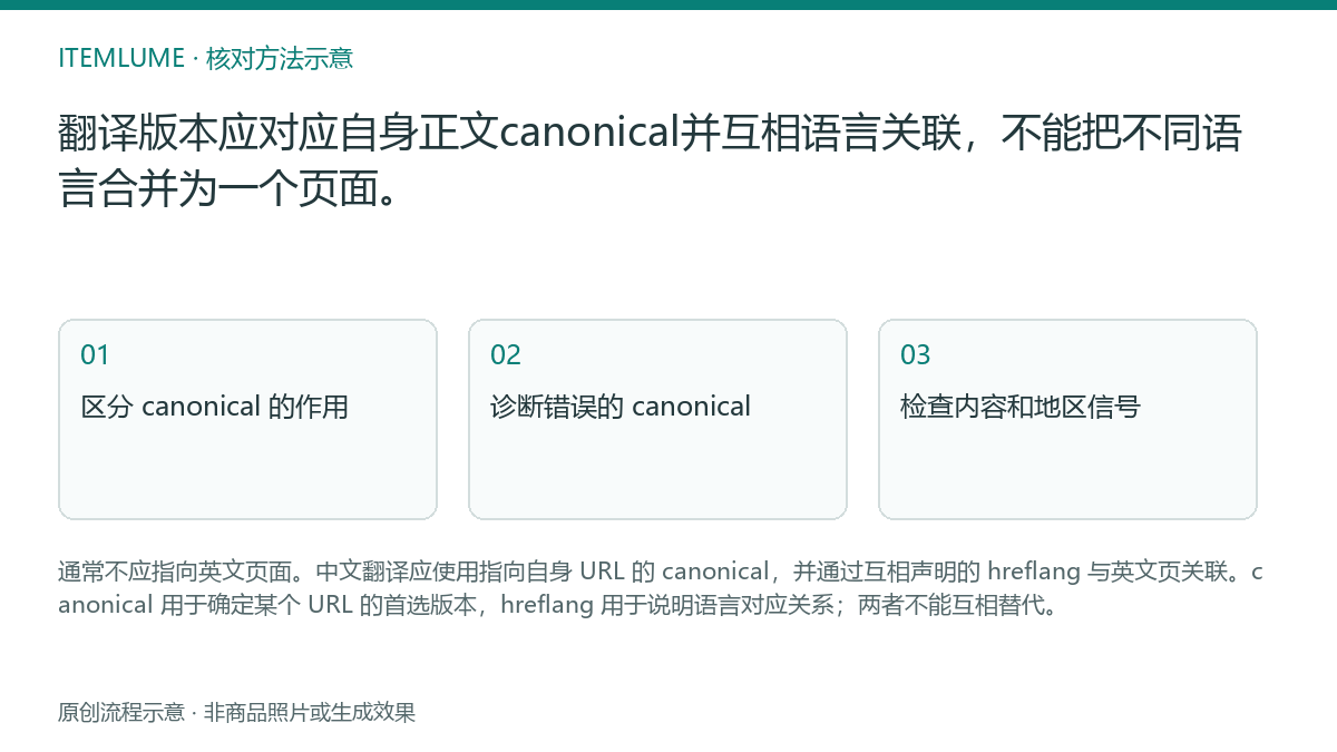 核对流程示意：翻译版本应对应自身正文canonical并互相语言关联，不能把不同语言合并为一个页面。