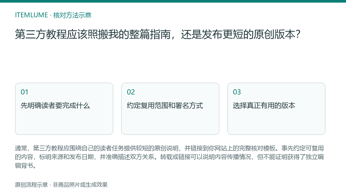 核对流程示意：第三方教程应该照搬我的整篇指南，还是发布更短的原创版本？