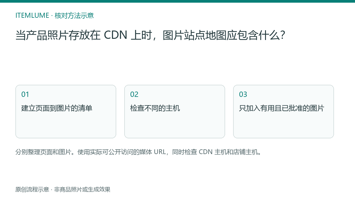 核对流程示意:当产品照片存放在 CDN 上时,图片站点地图应包含什么?