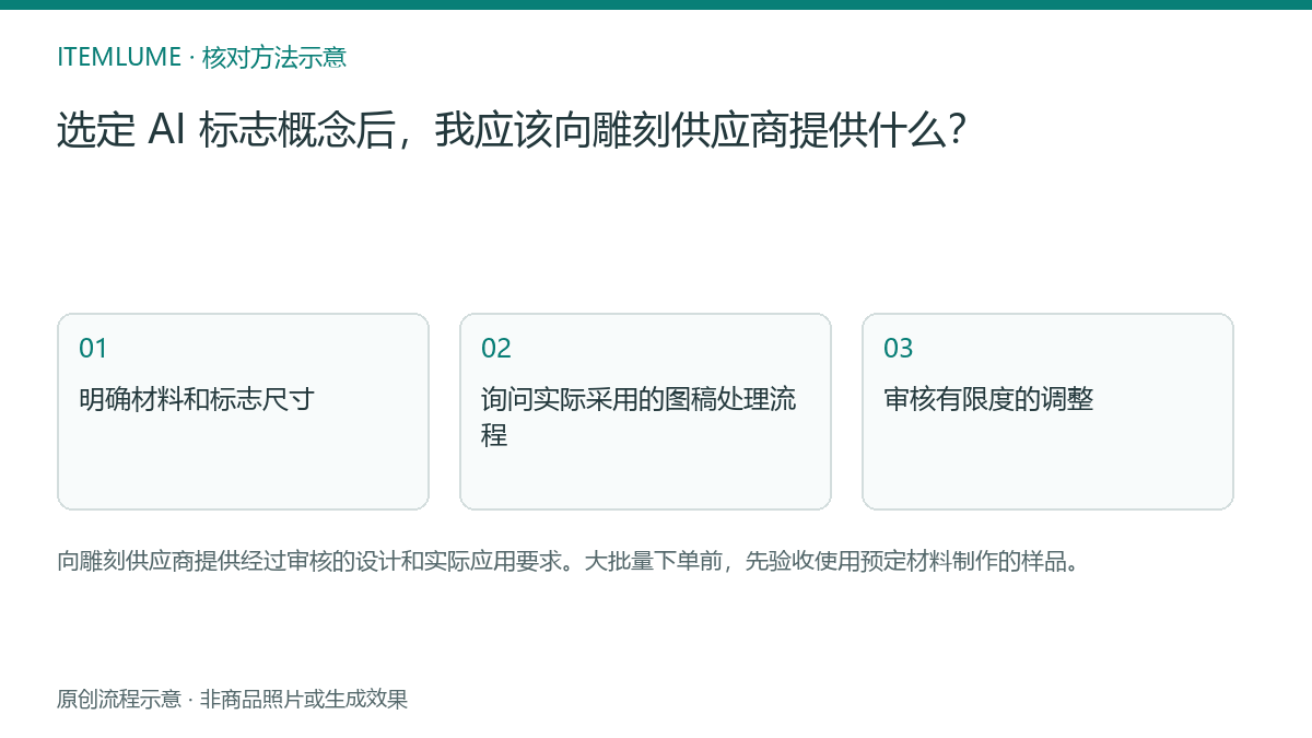 核对流程示意：选定 AI 标志概念后，我应该向雕刻供应商提供什么？