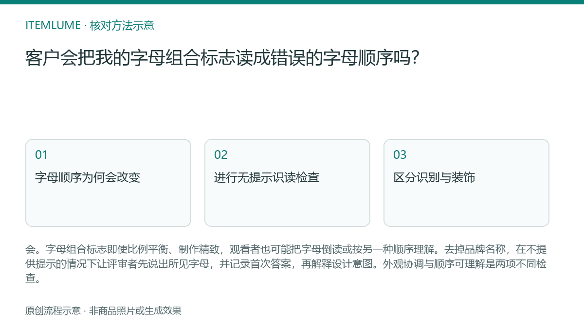 核对流程示意：客户会把我的字母组合标志读成错误的字母顺序吗？