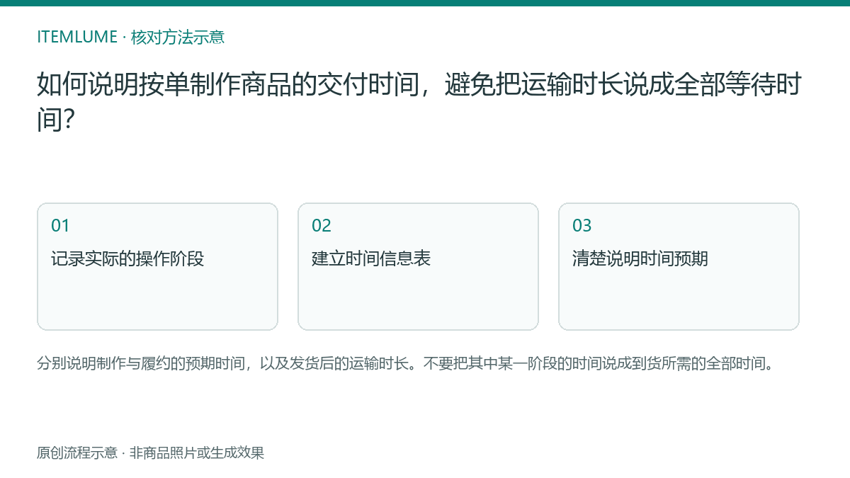 核对流程示意：如何说明按单制作商品的交付时间，避免把运输时长说成全部等待时间？