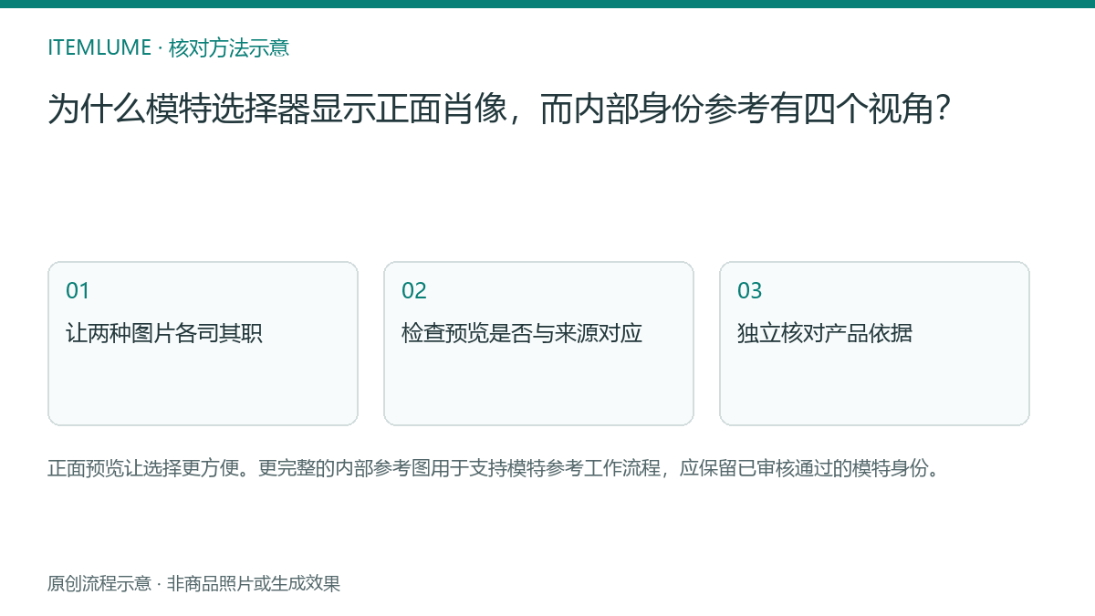核对流程示意：为什么模特选择器显示正面肖像，而内部身份参考有四个视角？