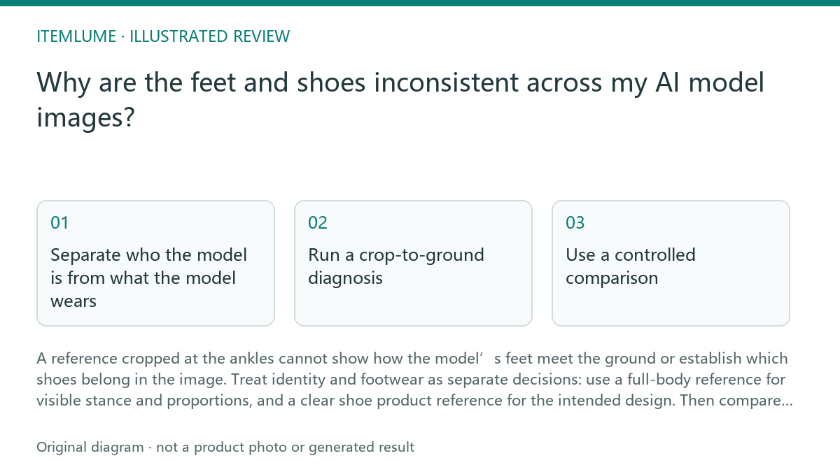 Illustrated review route: Why are the feet and shoes inconsistent across my AI model images?