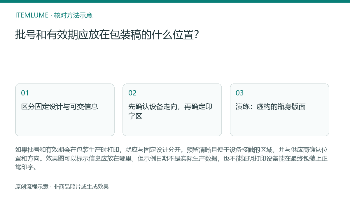 核对流程示意：批号和有效期应放在包装稿的什么位置？