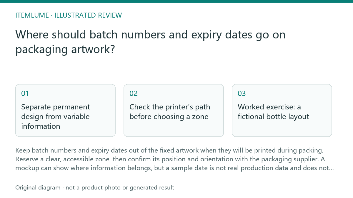 Illustrated review route: Where should batch numbers and expiry dates go on packaging artwork?