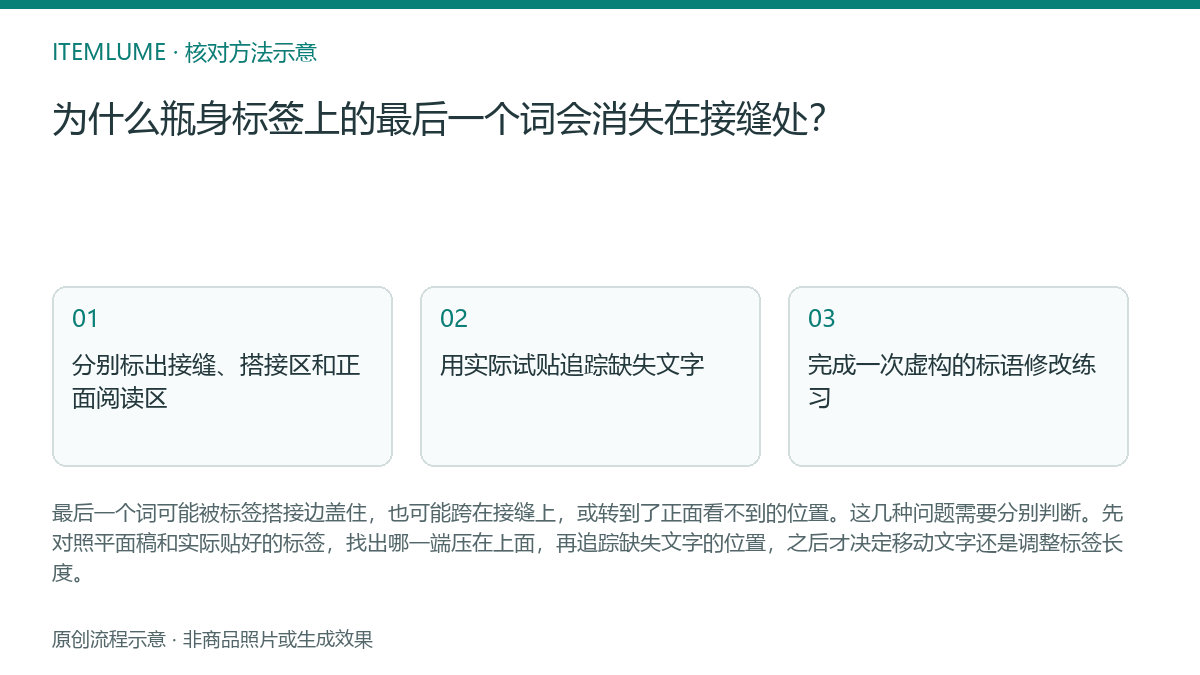 核对流程示意：为什么瓶身标签上的最后一个词会消失在接缝处？