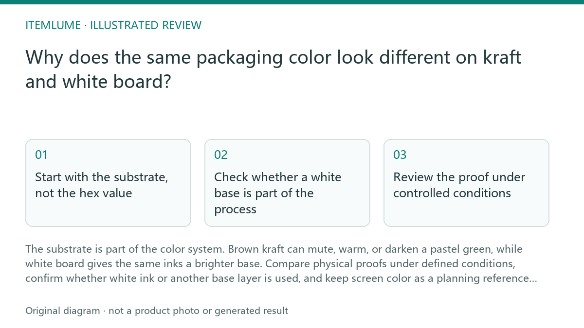 Illustrated review route: Why does the same packaging color look different on kraft and white board?