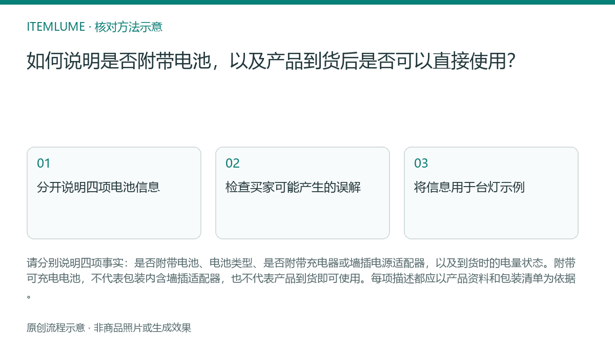 核对流程示意:如何说明是否附带电池,以及产品到货后是否可以直接使用?