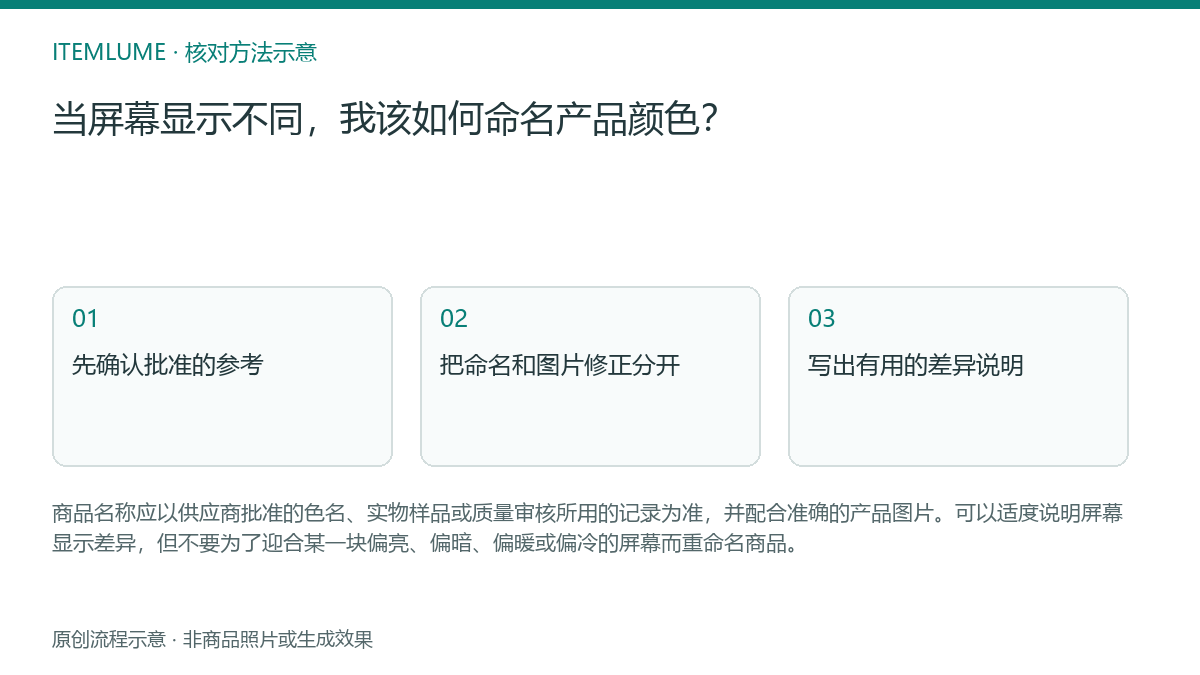 核对流程示意：当屏幕显示不同，我该如何命名产品颜色？