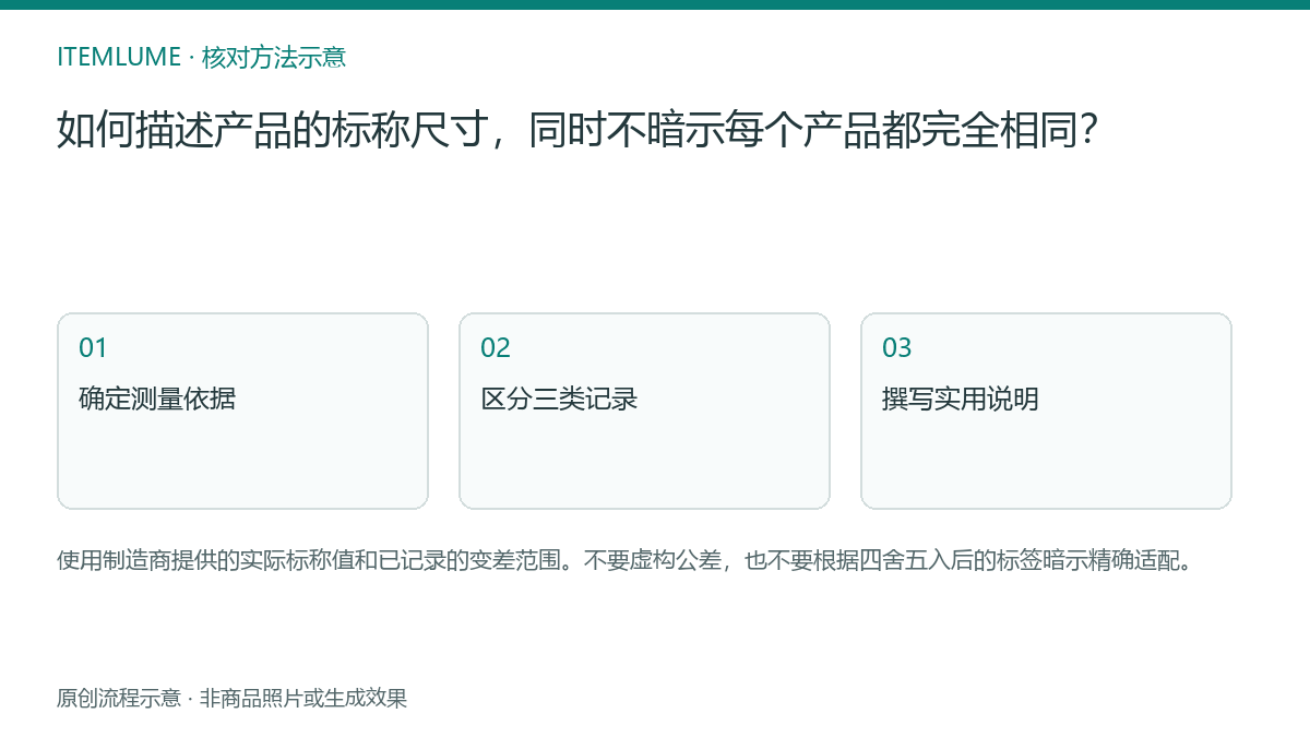 核对流程示意：如何描述产品的标称尺寸，同时不暗示每个产品都完全相同？