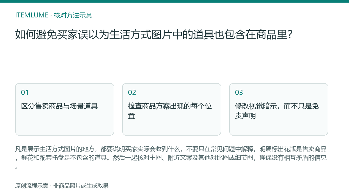 核对流程示意:如何避免买家误以为生活方式图片中的道具也包含在商品里?