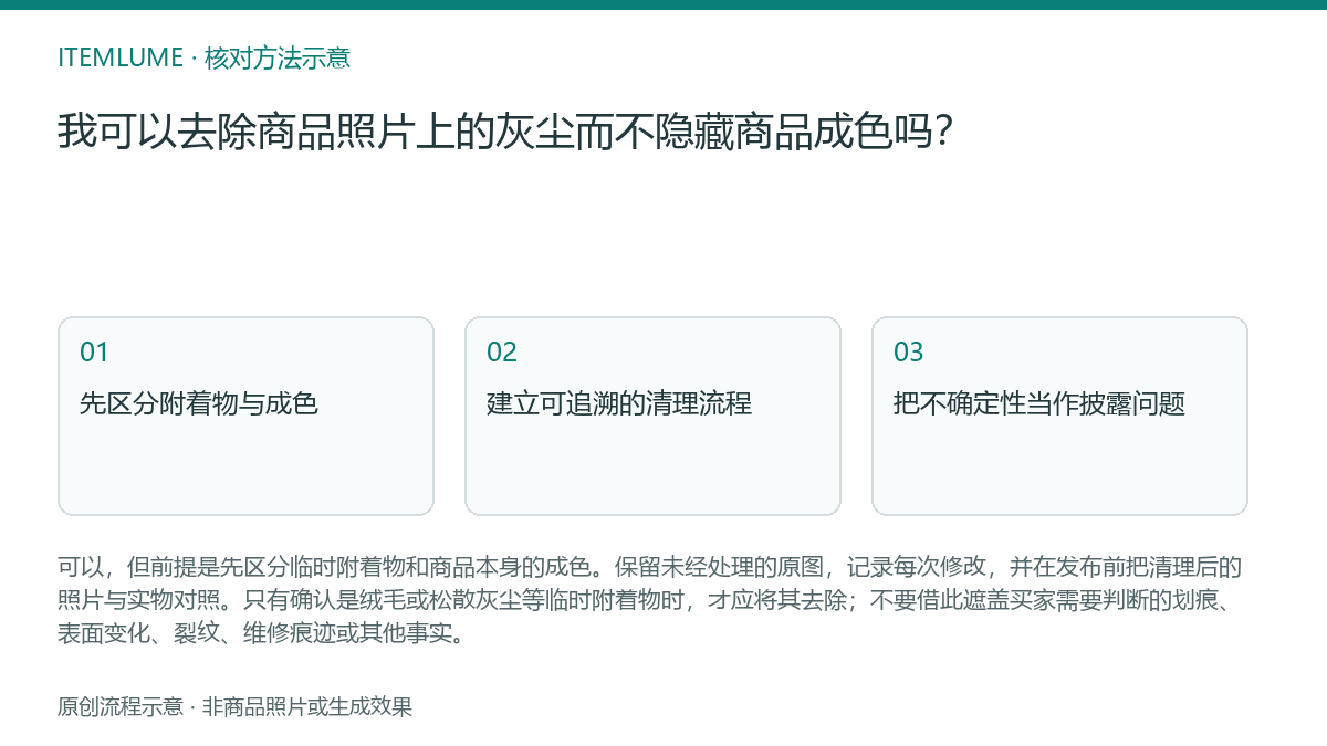 核对流程示意：我可以去除商品照片上的灰尘而不隐藏商品成色吗？