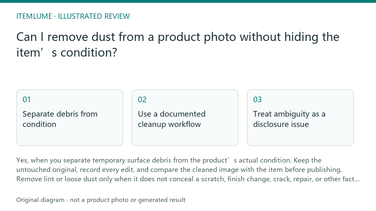 Illustrated review route: Can I remove dust from a product photo without hiding the item’s condition?