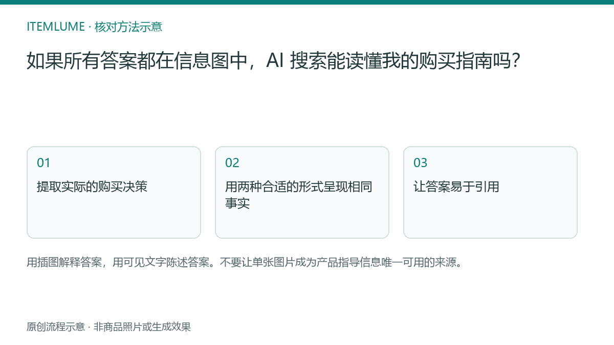 核对流程示意：如果所有答案都在信息图中，AI 搜索能读懂我的购买指南吗？