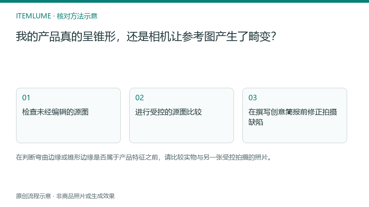 核对流程示意：我的产品真的呈锥形，还是相机让参考图产生了畸变？