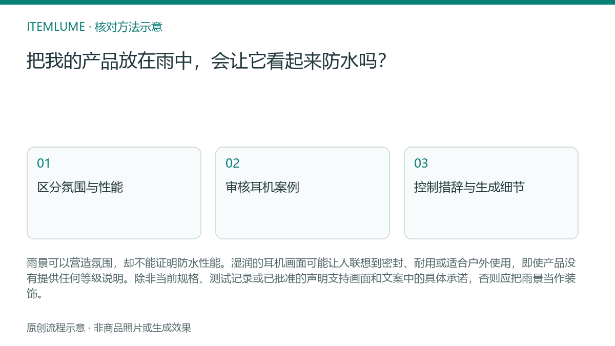 核对流程示意:把我的产品放在雨中,会让它看起来防水吗?