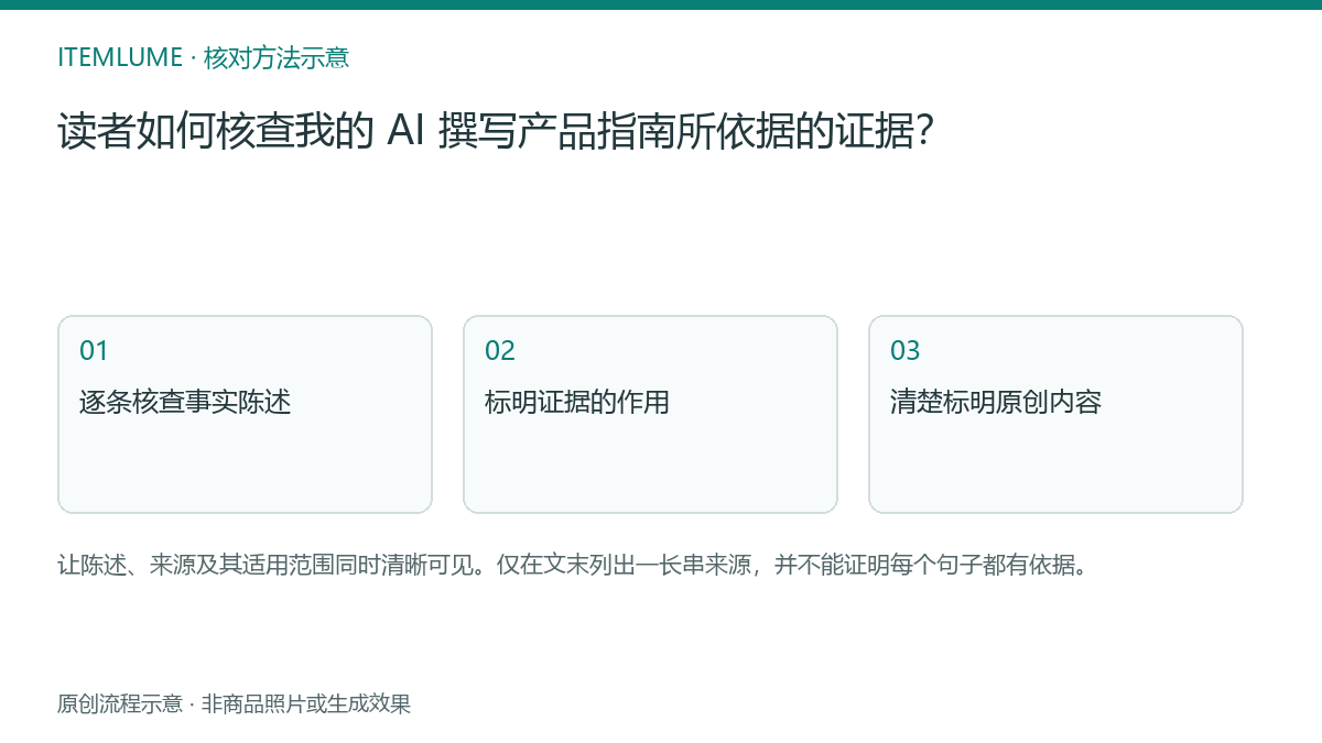 核对流程示意：读者如何核查我的 AI 撰写产品指南所依据的证据？