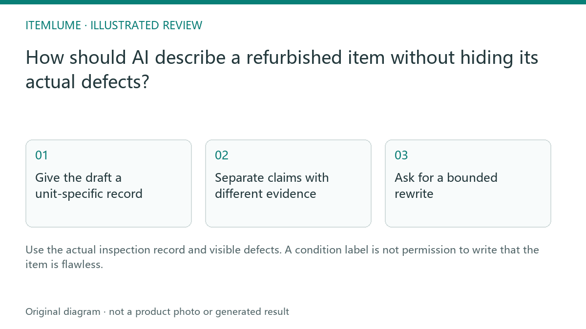 Illustrated review route: How should AI describe a refurbished item without hiding its actual defects?