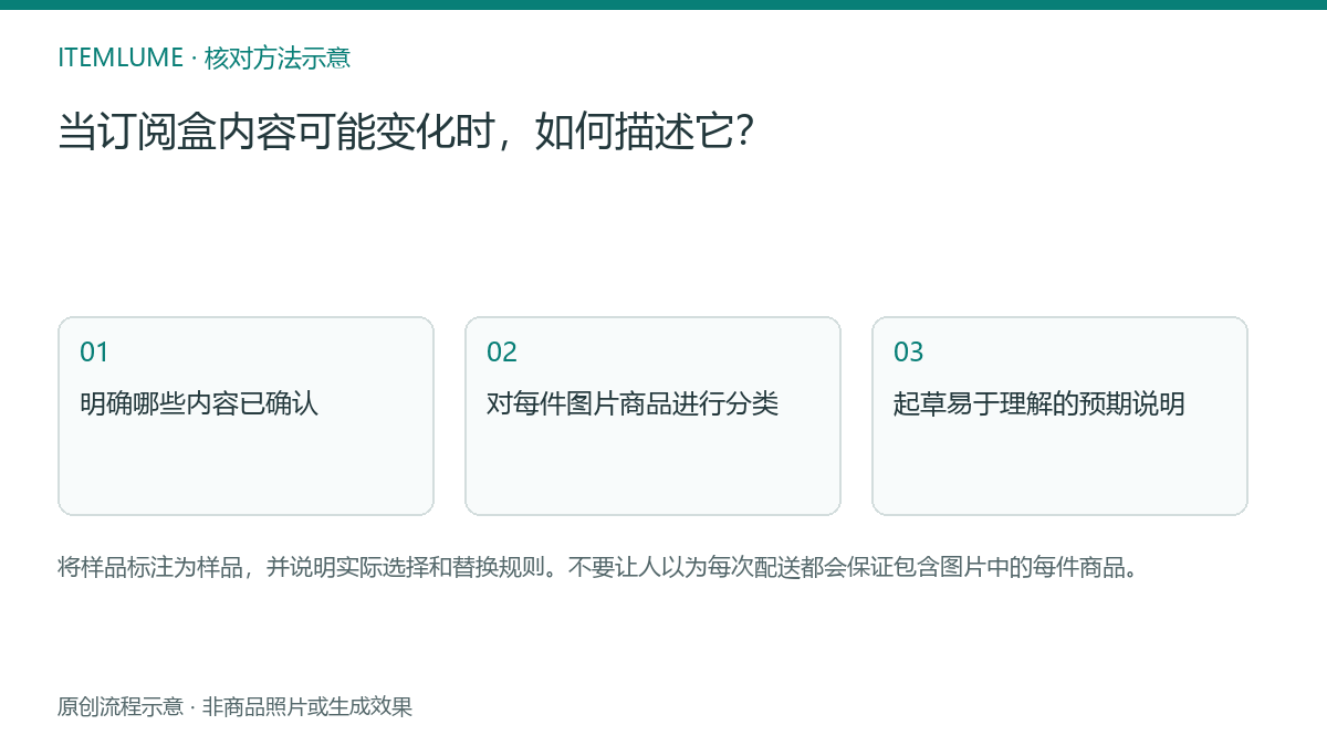 核对流程示意：当订阅盒内容可能变化时，如何描述它？
