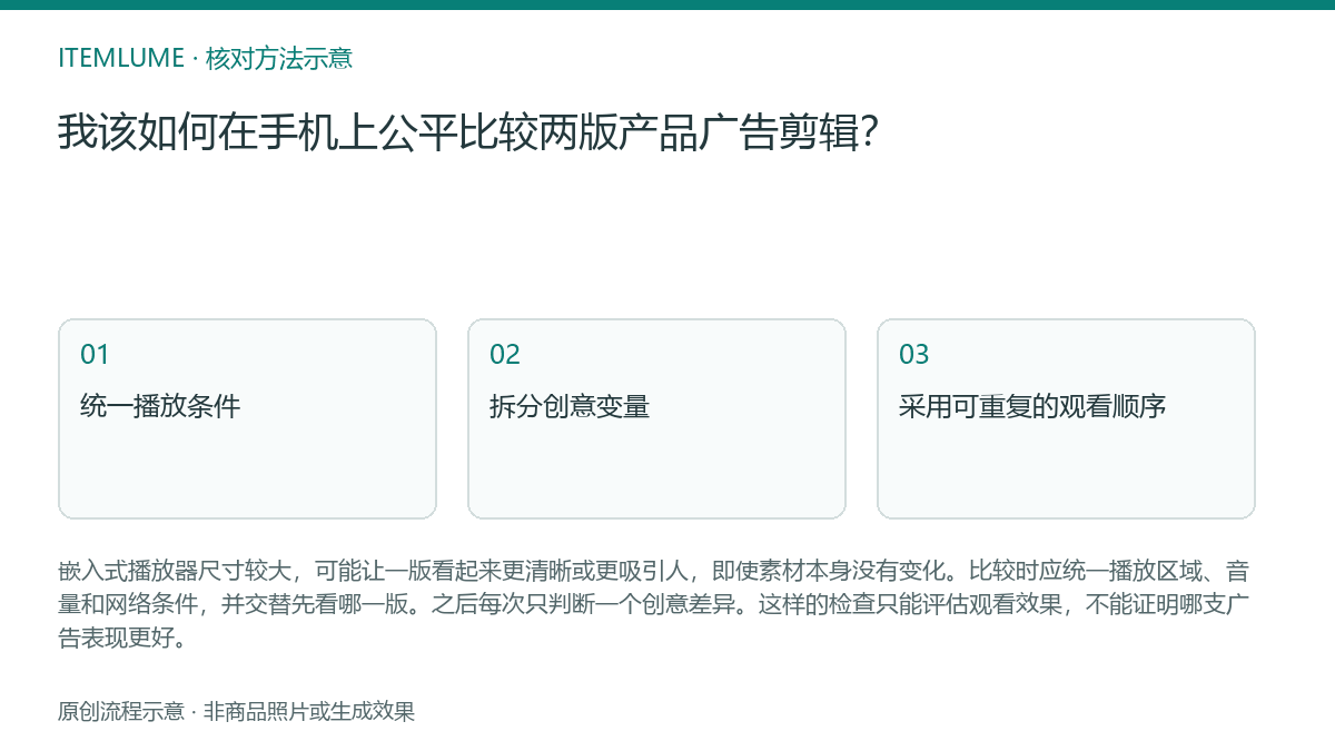 核对流程示意：我该如何在手机上公平比较两版产品广告剪辑？
