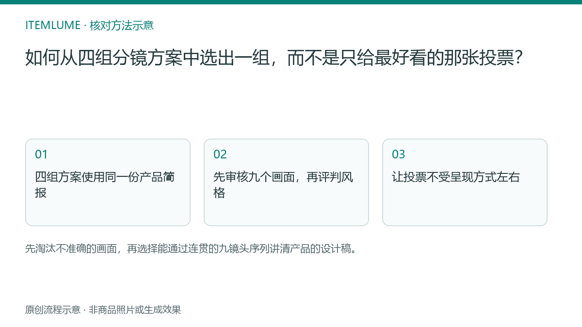 核对流程示意:如何从四组分镜方案中选出一组,而不是只给最好看的那张投票?