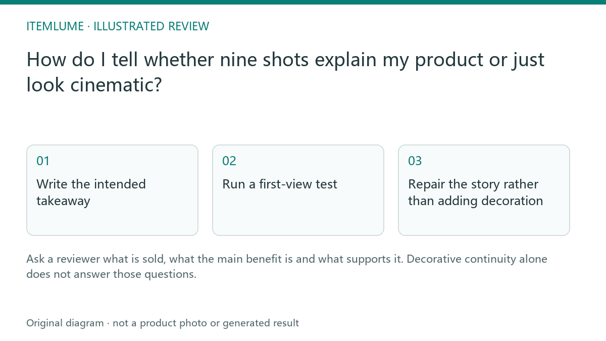 Illustrated review route: How do I tell whether nine shots explain my product or just look cinematic?