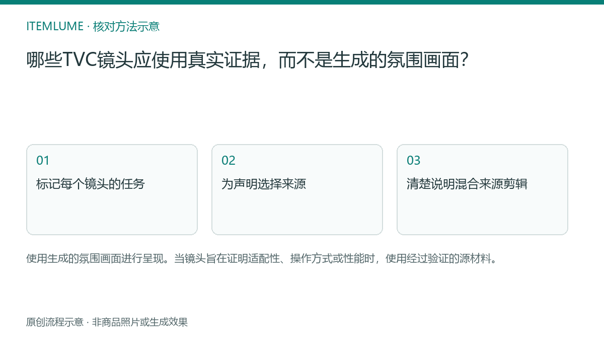 核对流程示意：哪些TVC镜头应使用真实证据，而不是生成的氛围画面？