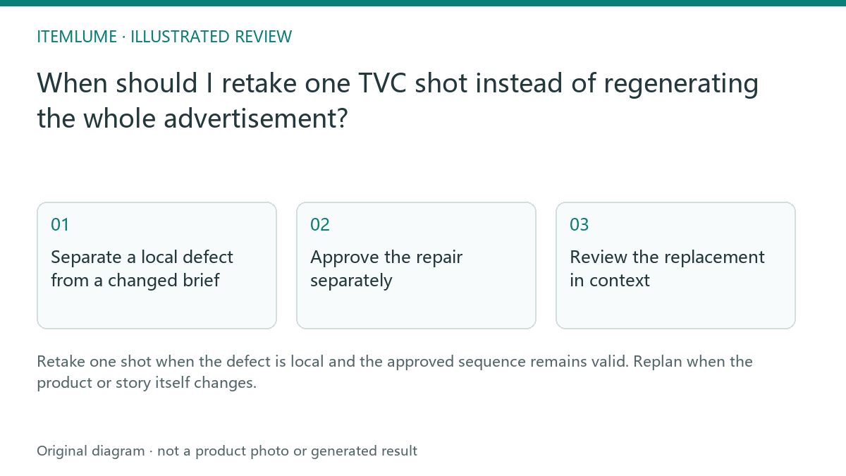 Illustrated review route: When should I retake one TVC shot instead of regenerating the whole advertisement?