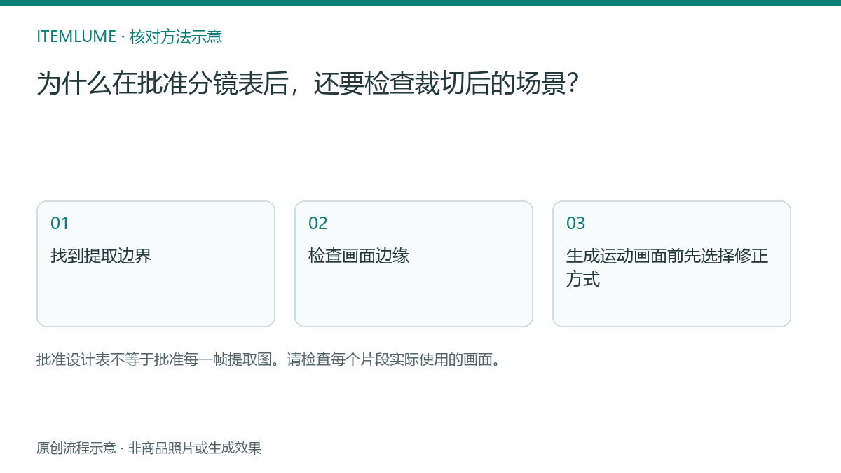 核对流程示意：为什么在批准分镜表后，还要检查裁切后的场景？