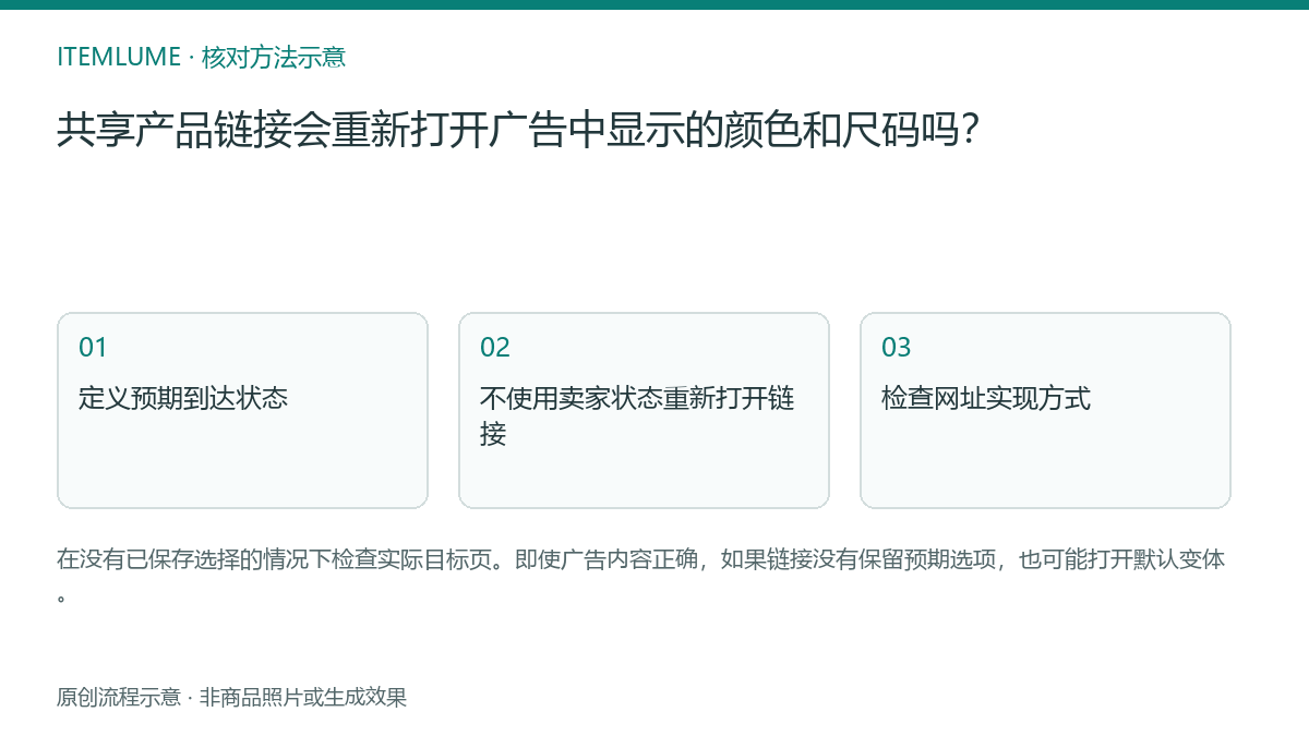 核对流程示意：共享产品链接会重新打开广告中显示的颜色和尺码吗？