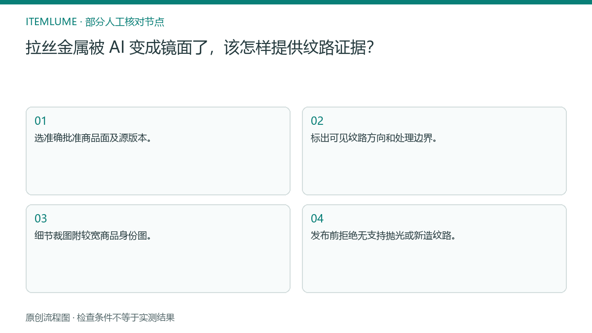 本题人工核对流程图：拉丝金属被 AI 变成镜面了，该怎样提供纹路证据？