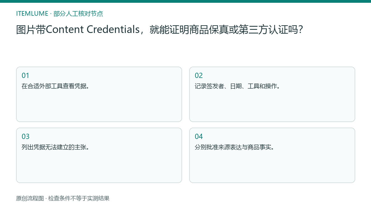本题人工核对流程图：图片带Content Credentials，就能证明商品保真或第三方认证吗？