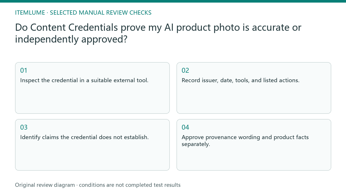 Manual review diagram for: Do Content Credentials prove my AI product photo is accurate or independently approved?