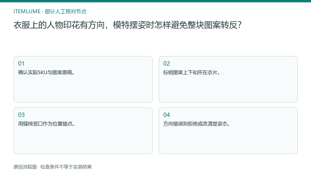 本题人工核对流程图：衣服上的人物印花有方向，模特摆姿时怎样避免整块图案转反？
