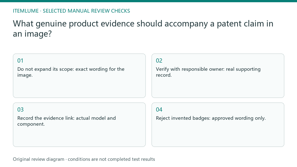 Manual review diagram for: What genuine product evidence should accompany a patent claim in an image?
