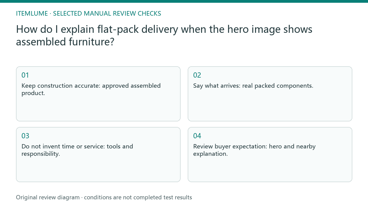 Manual review diagram for: How do I explain flat-pack delivery when the hero image shows assembled furniture?