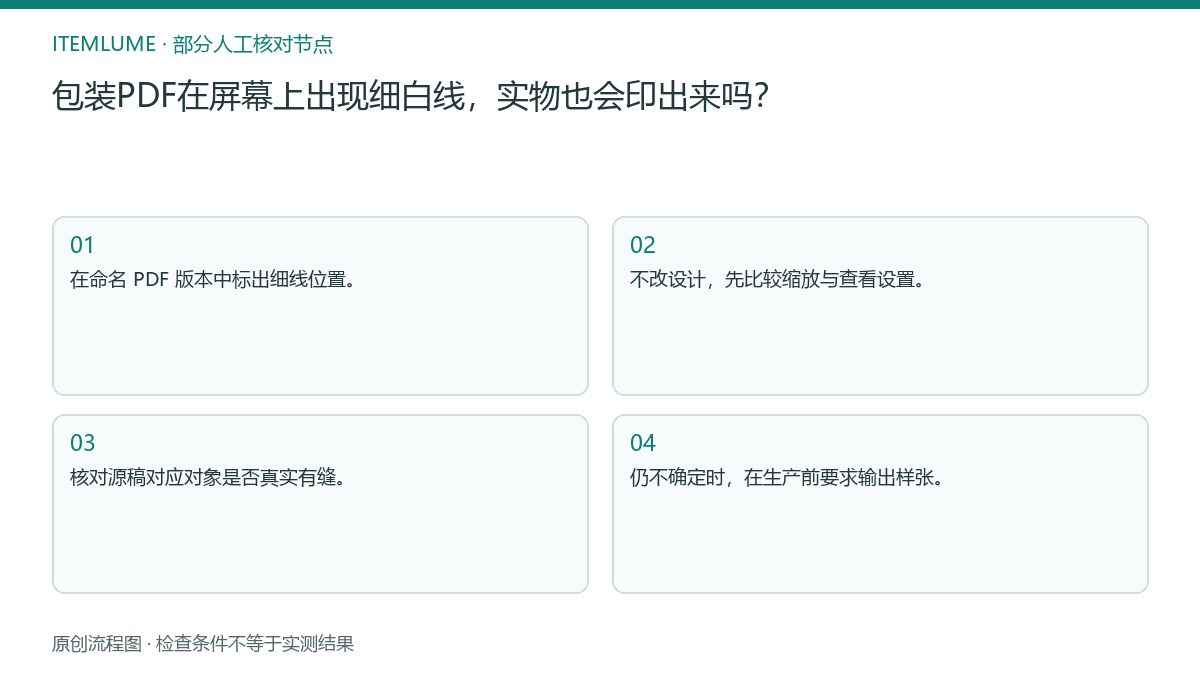 本题人工核对流程图：包装PDF在屏幕上出现细白线，实物也会印出来吗？
