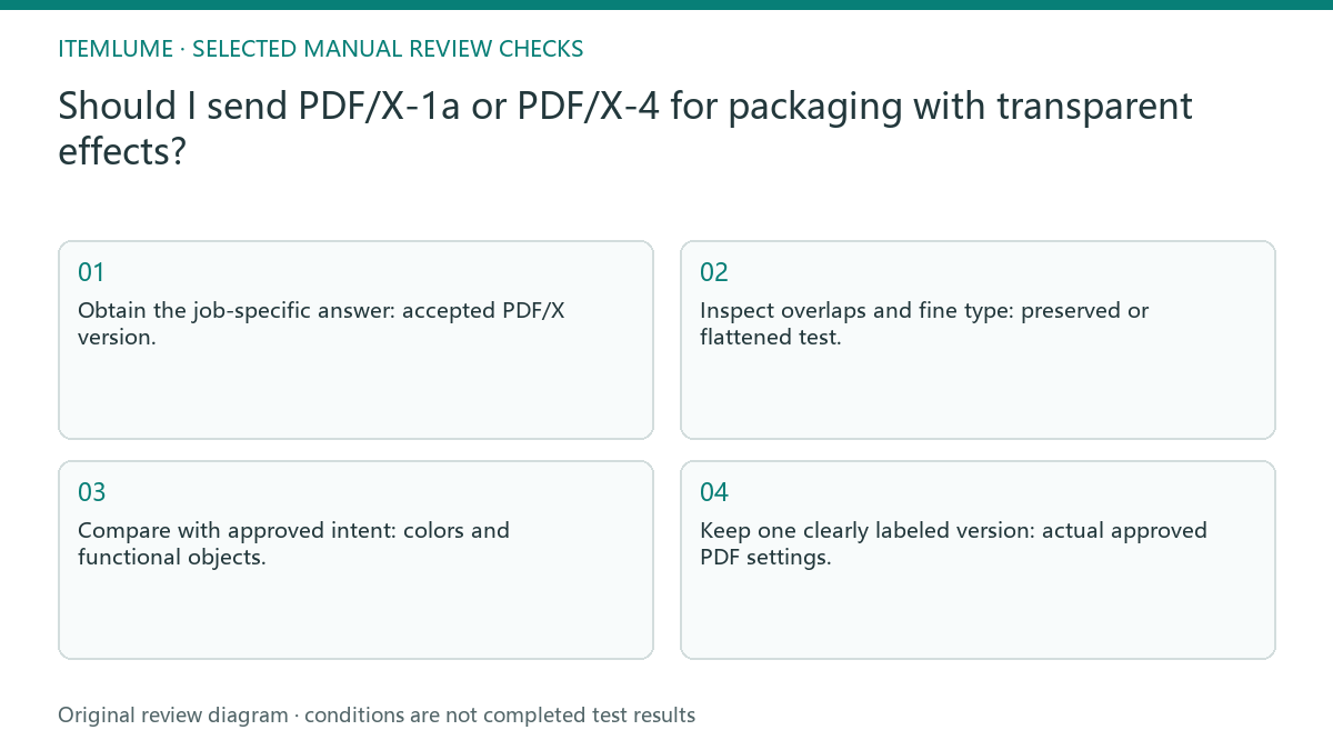 Manual review diagram for: Should I send PDF/X-1a or PDF/X-4 for packaging with transparent effects?