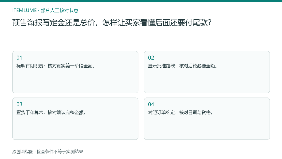本题人工核对流程图:预售海报写定金还是总价,怎样让买家看懂后面还要付尾款?