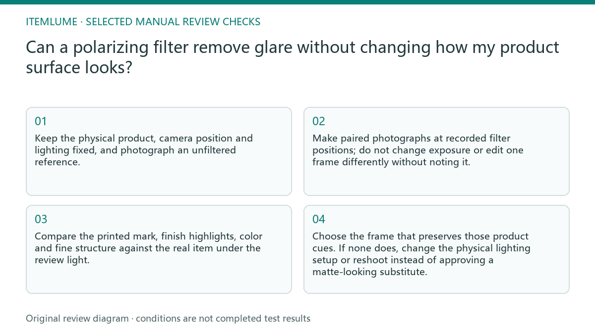 Manual review diagram for: Can a polarizing filter remove glare without changing how my product surface looks?