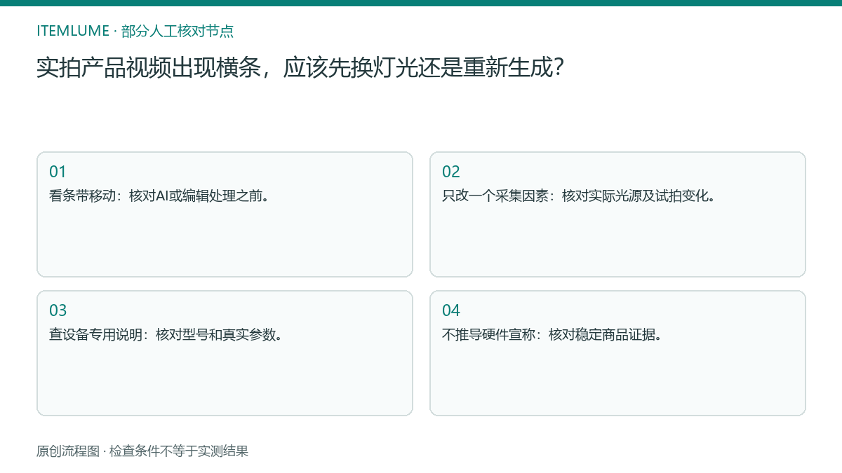 本题人工核对流程图：实拍产品视频出现横条，应该先换灯光还是重新生成？