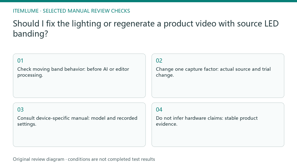 Manual review diagram for: Should I fix the lighting or regenerate a product video with source LED banding?