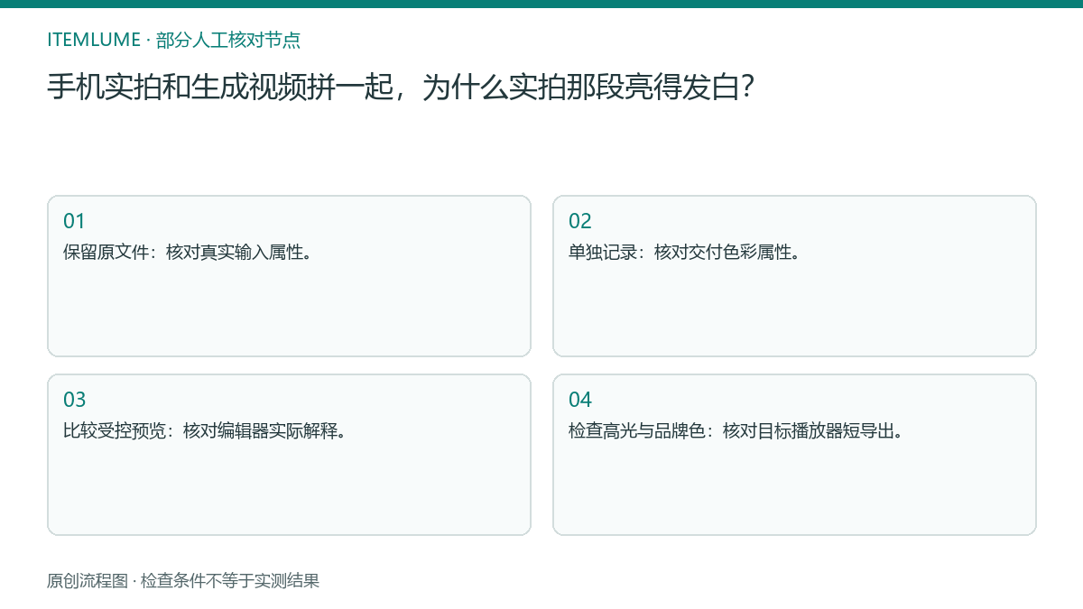 本题人工核对流程图：手机实拍和生成视频拼一起，为什么实拍那段亮得发白？