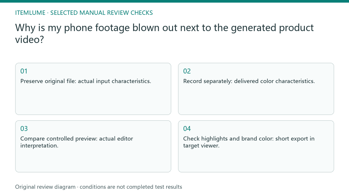 Manual review diagram for: Why is my phone footage blown out next to the generated product video?