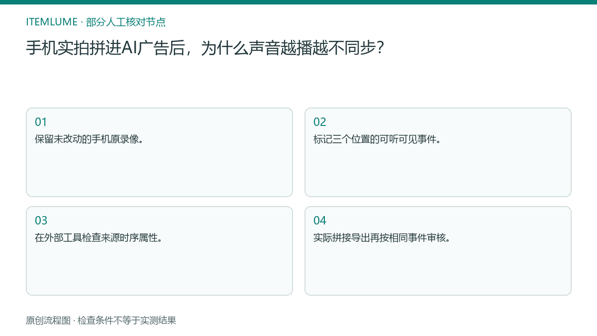 本题人工核对流程图：手机实拍拼进AI广告后，为什么声音越播越不同步？